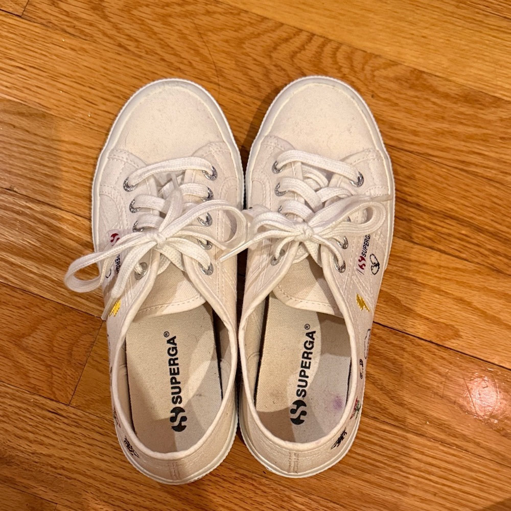 Superga White Canvas Sneakers with Embroidered Colorful Accents